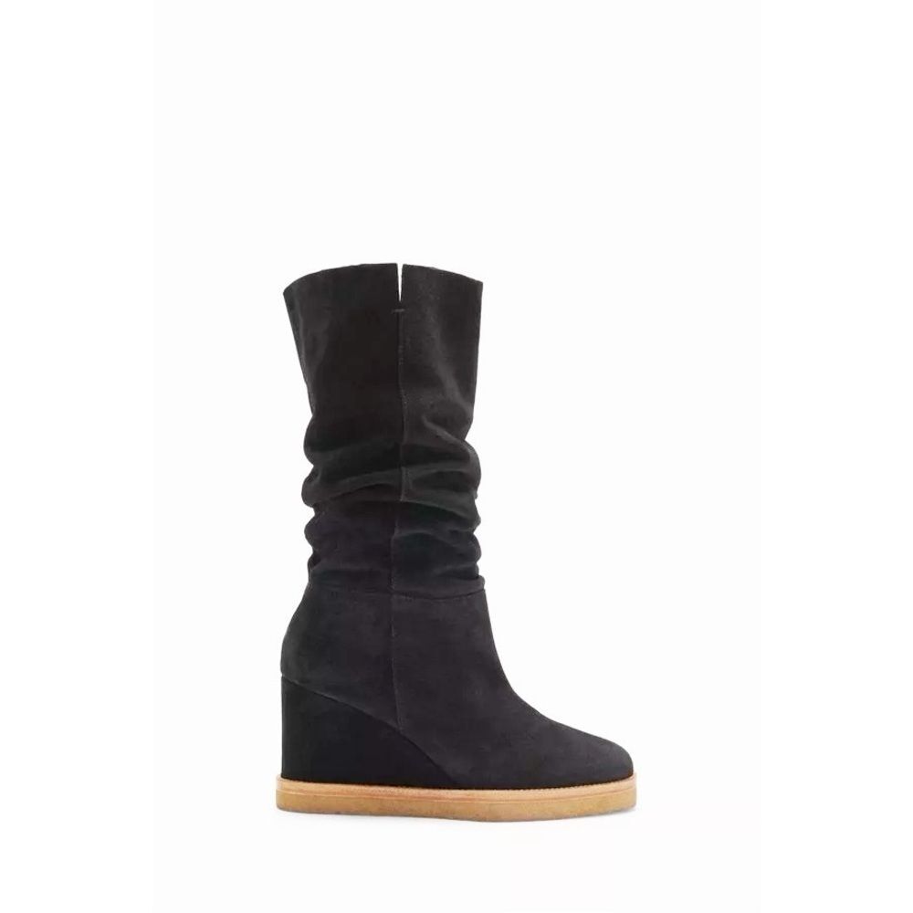 BA&SH Cassandra 100% Suede Leather Black Wedge Pull On Knee High Scrunch Boots